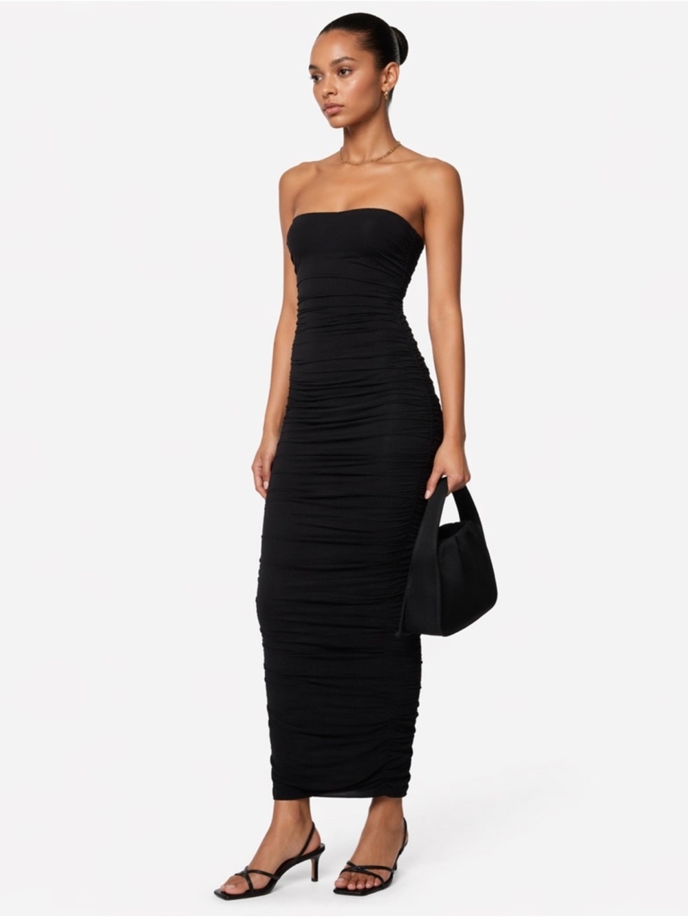 Good American Maxi Dress Strapless Ruched Maxi/ Midi Black MSRP $138